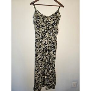 Tropical Volcom Coco Ho Maxi Dress Womens XL Black Green Palm Leaf Ruffle Tie
